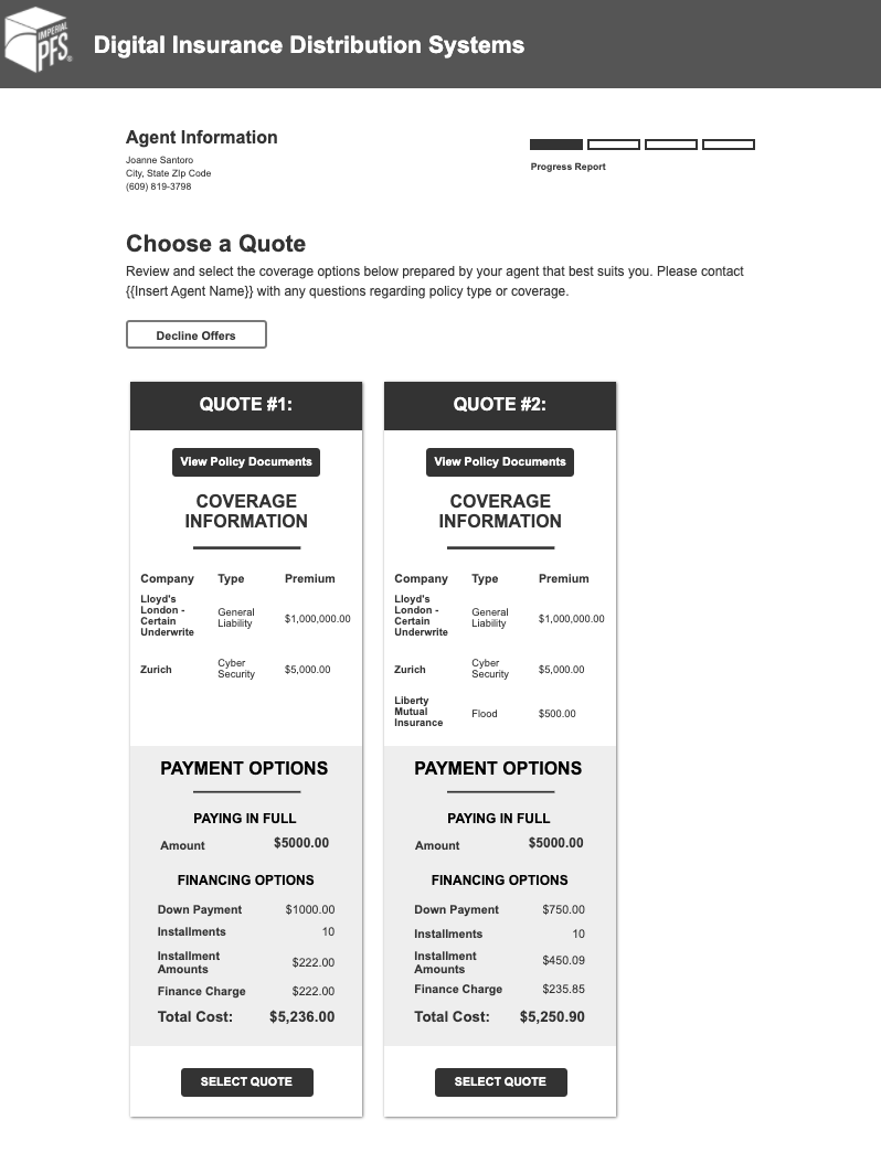 Product screen that allows user to pick from 2 insurance quote options. 