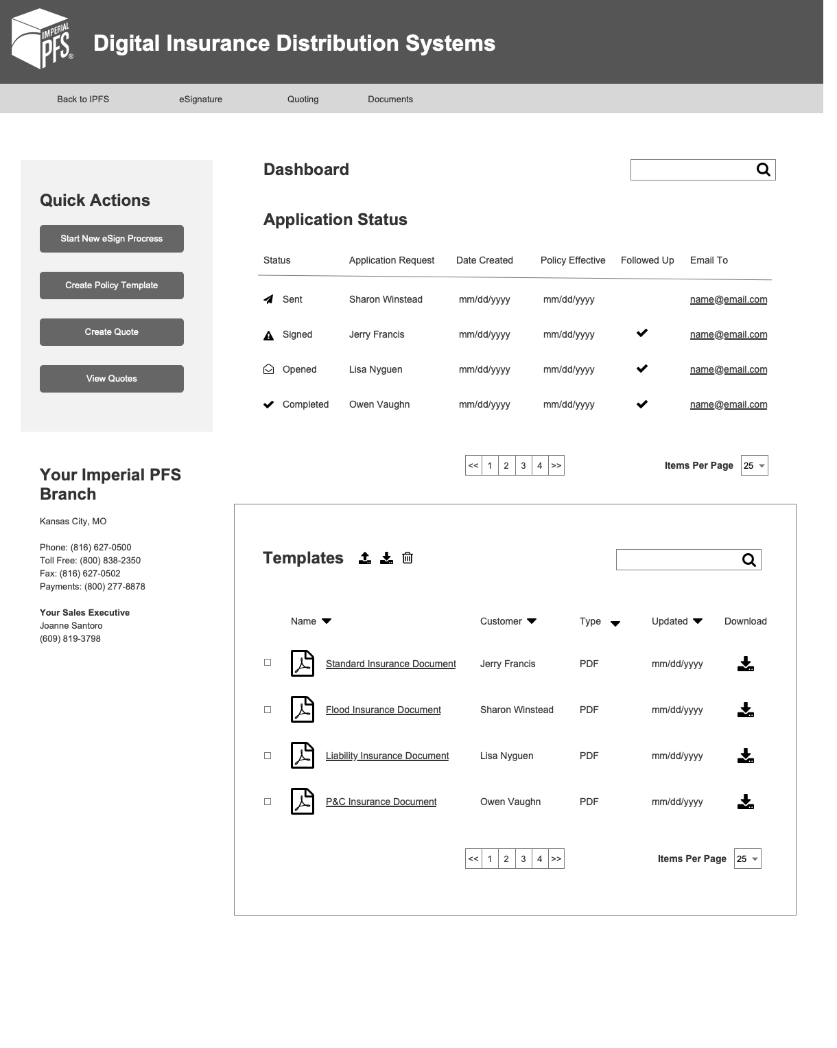 Low-Fidelity Wireframe for DIDS Dashboard that includes Application Status, Templates and Quick Actions