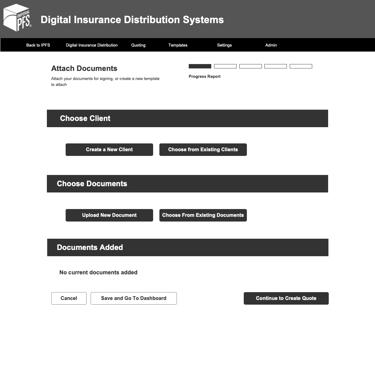 DIDS System Screenshot- Includes User Options to Choose Client, Choose Documents, Add Documents