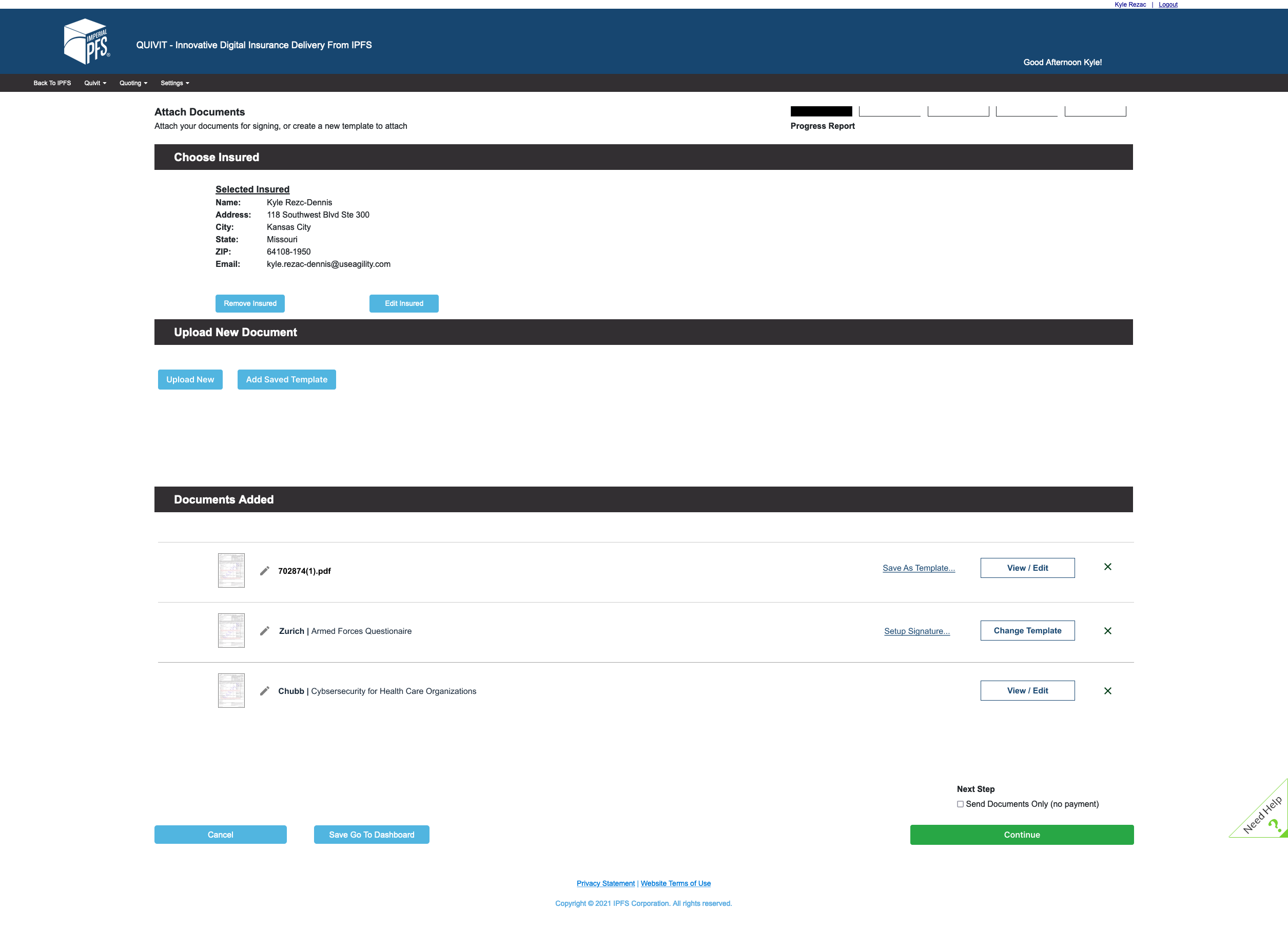 Attach Documents screen with ability to upload new docs or take action on existing documents the user has uploaded. 