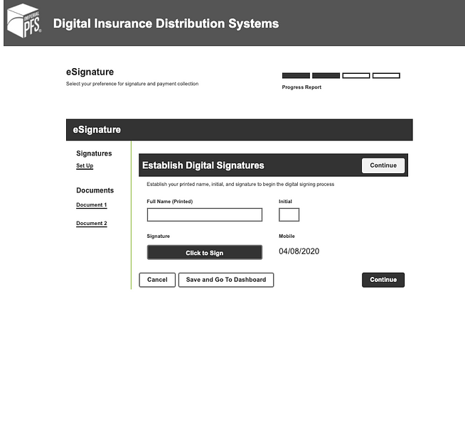 A digital product screen that includes ability to establish (printed) eSignature + Initial