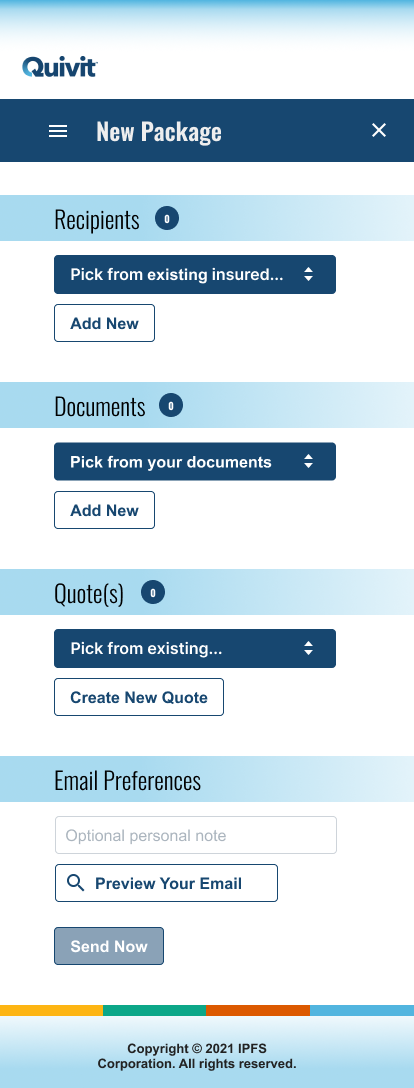 Mobile POV for new package setup including recipients, documents, quotes and email preferences. 