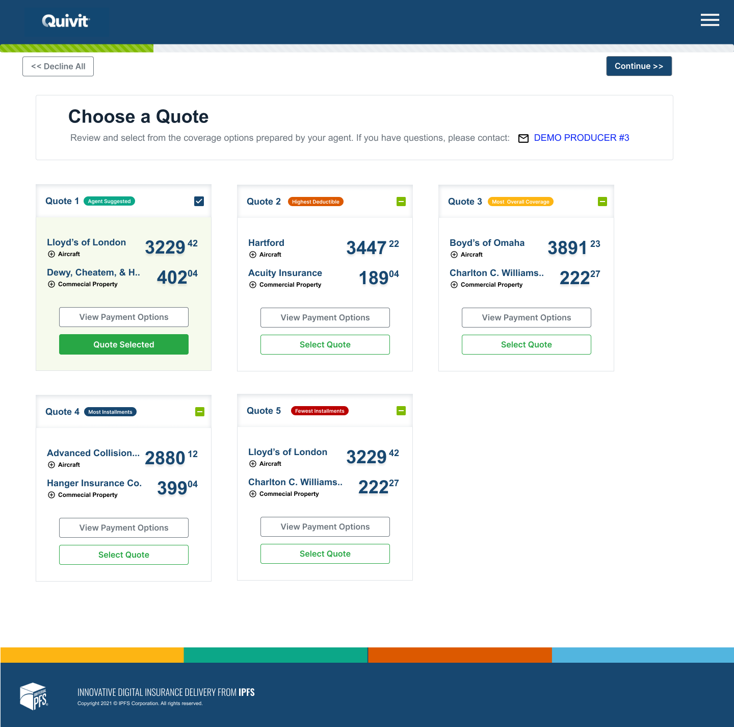 An updated screen with 5 mobile-responsive tiles that each feature two insurance policies. 