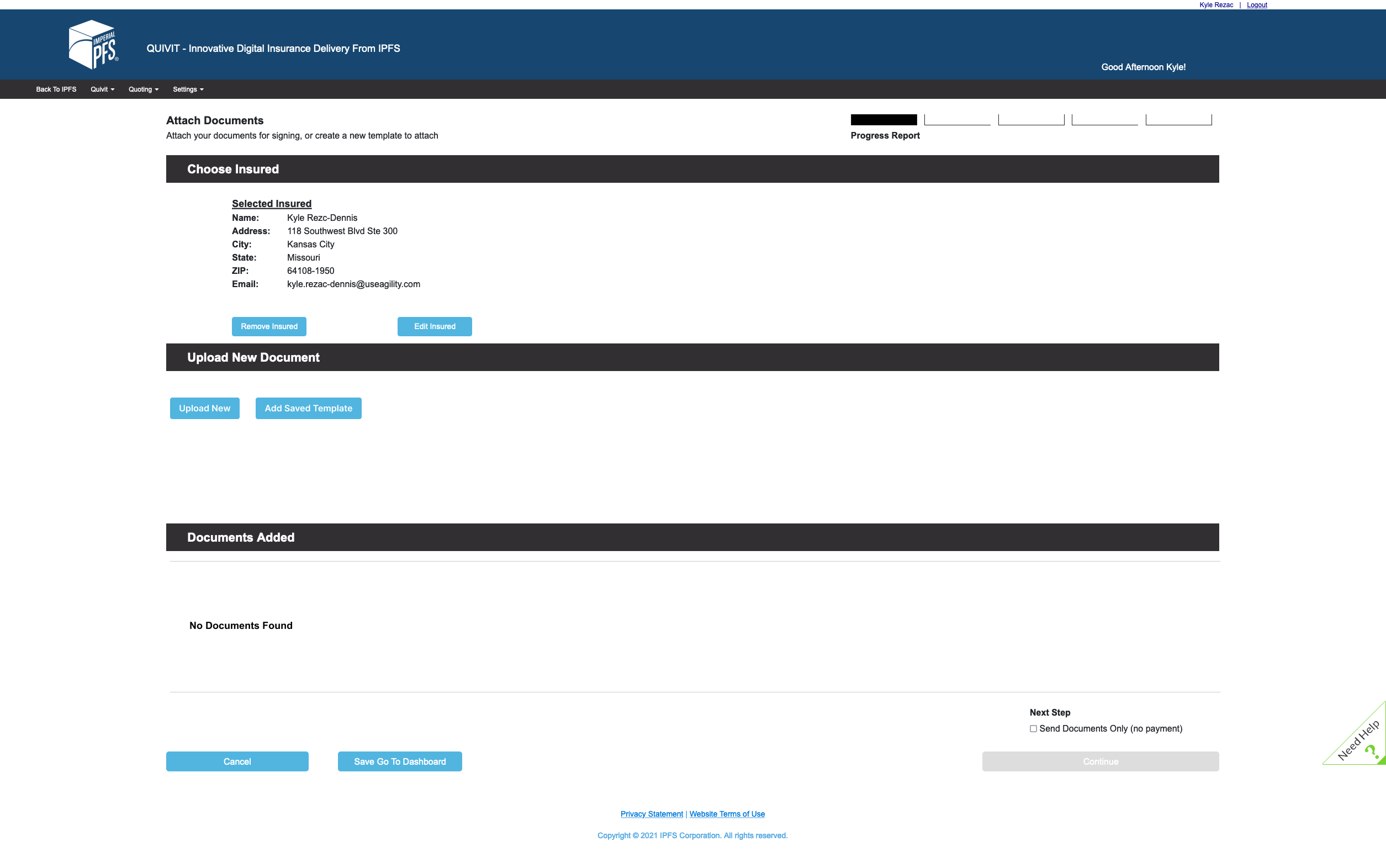 Process Screen that allows user to choose insured, upload docs, and that shows documents added to package. 