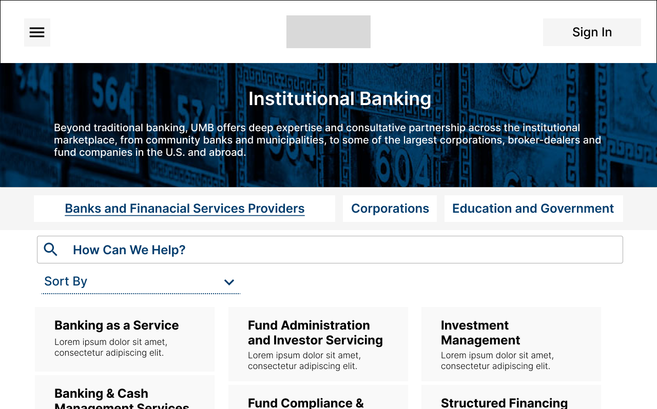 Institutional Banking Page that features page title, three areas of client emphasis, search handler, sort by area, and list of products and services
