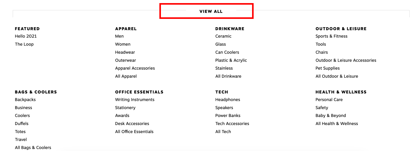 Mega-Menu Dropdown with 8 categories and 5 sub-categories per area— over 40 total items.