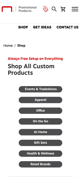 Secondary presentation of Shop Action— features 8 simple categories, centered on the screen with large clickable areas.