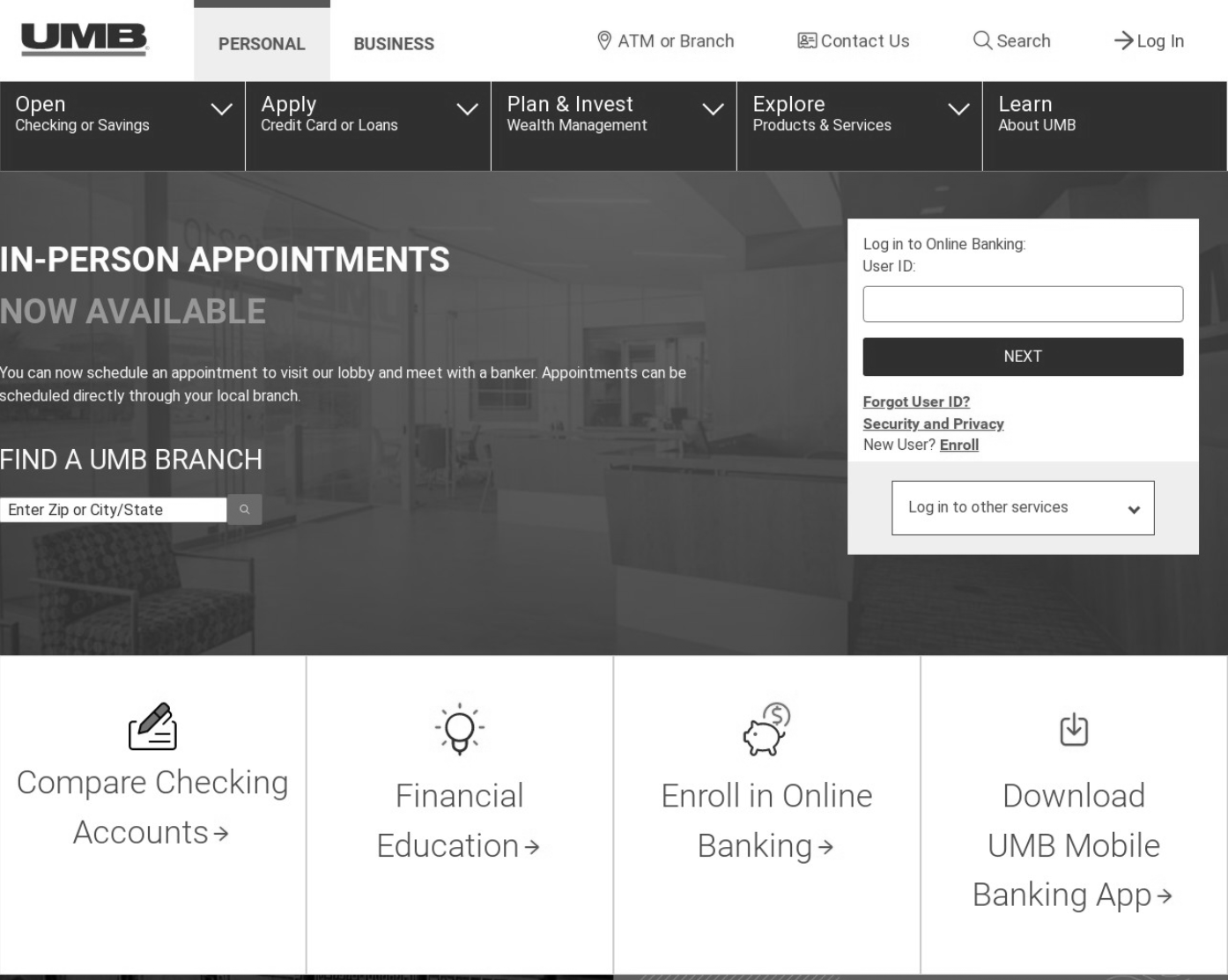 Banking Site Home Page— Splash Image with Find a Branch + Sign In. 