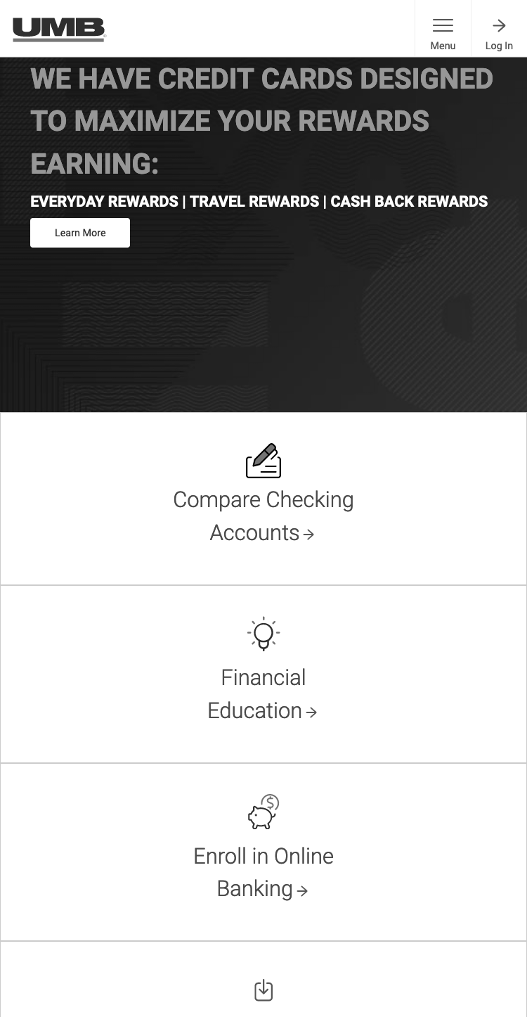 Mobile screen focused on 4 primary "frequent user actions" (Compare Checking, Financial Education, Enroll, etc.)