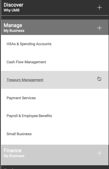 Manage My Business Menu Expanded to Reveal 6 additional content categories