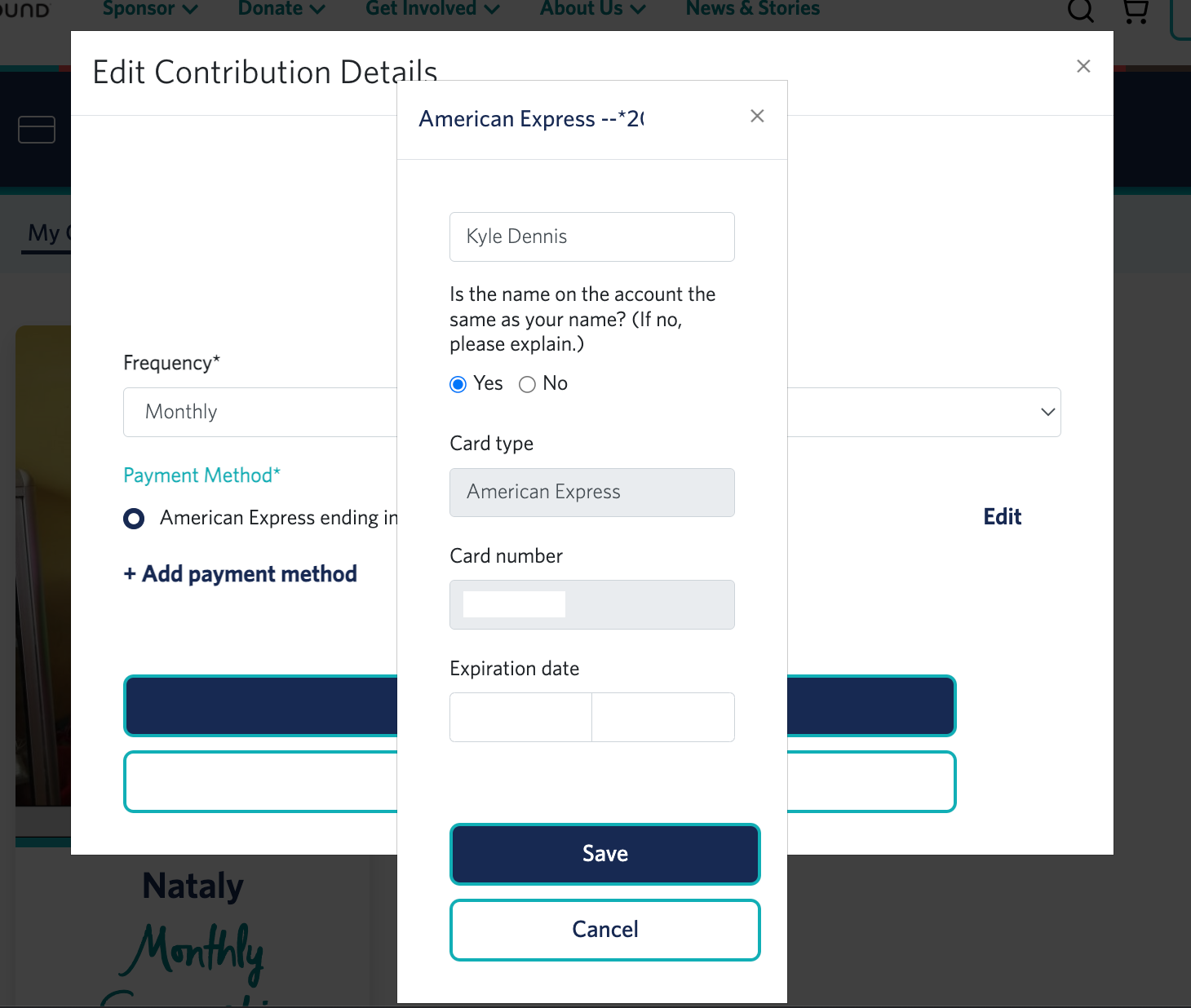 Edit Contributions Screen w/ Modal for Editing Card Details 