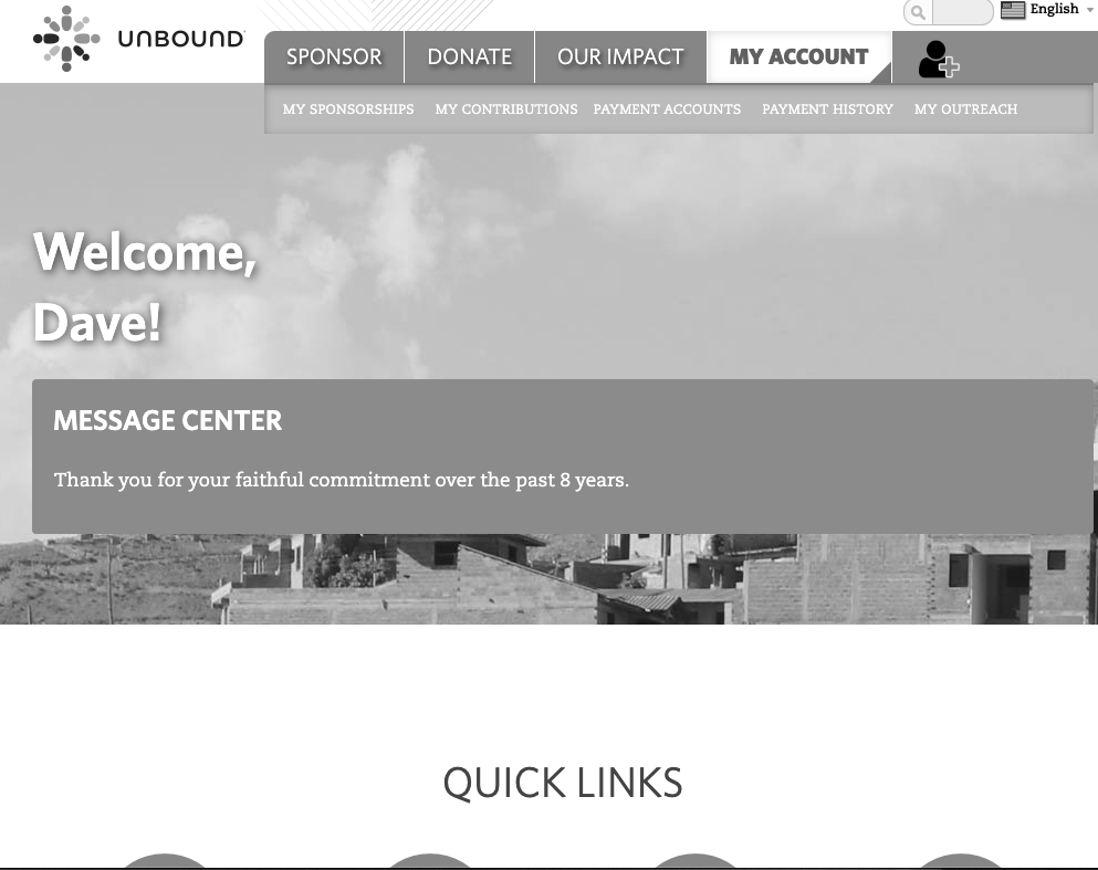 Welcome center— includes clients name (Thanks for Support) + Quick Links— My Account Navigation is Expanded