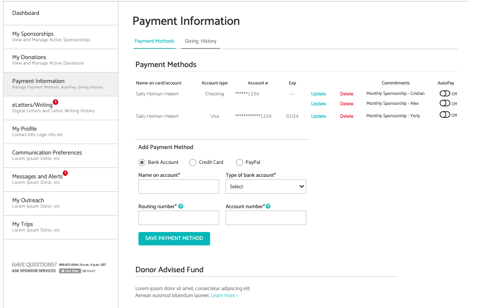 Dashboard Nav (Left) with Payment Methods vertically listed in panel on the right. 